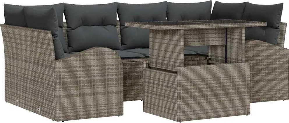 vidaXL Kerti Kanapé Szett párnával tárolóval 7 pcs Szürke Poly Rattan