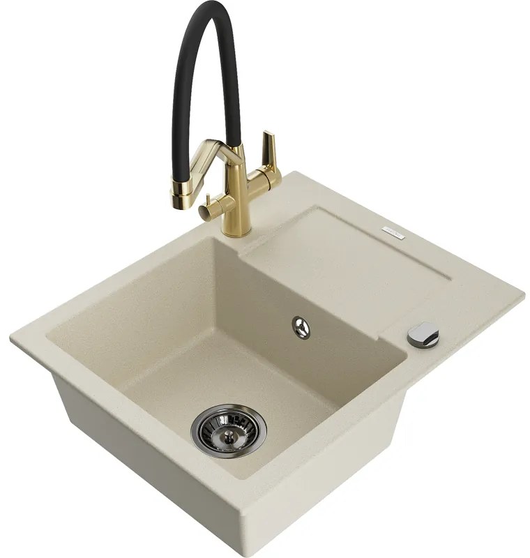 Mexen Enzo 1 rekeszes gránit mosogató csepegtetővel és Duo konyhai csappal, bézs - 6506-69-671701-57-B