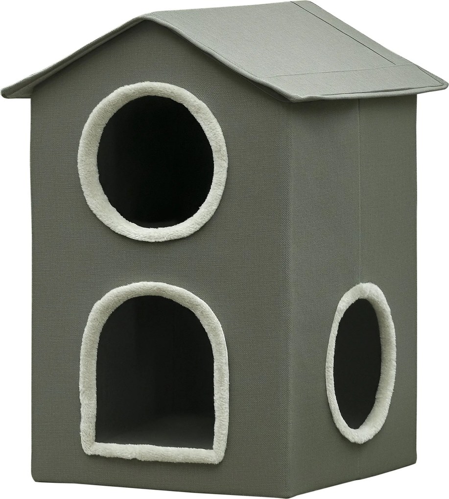 PawHut Két Szintes Macska Ház Mosható Párnákkal 3 Bejárattal, 42x46x59,5 cm, Szürke | Aosom