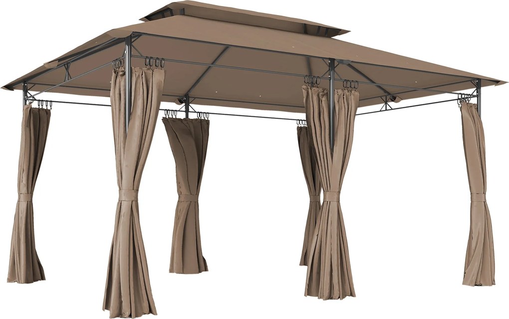 Outsunny kültéri pavilon 4 x 3 m — dupla szellőzőtető, 6 fémoszlop, 12 vízelvezető nyílás — khaki | Aosom