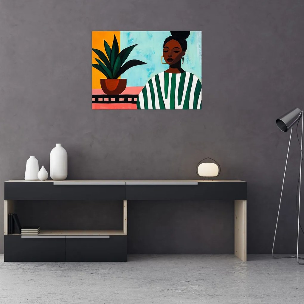 Üveg kép - Nő virággal (70x50 cm)