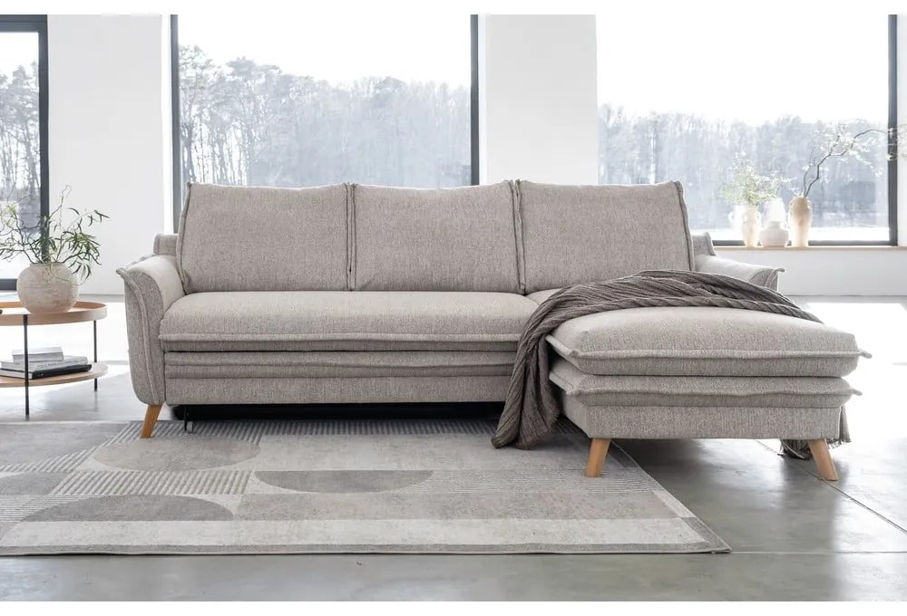 Szürkésbézs kinyitható-tárolóhelyes sarokkanapé (jobb oldali-heverő résszel) Charming Charlie – Miuform