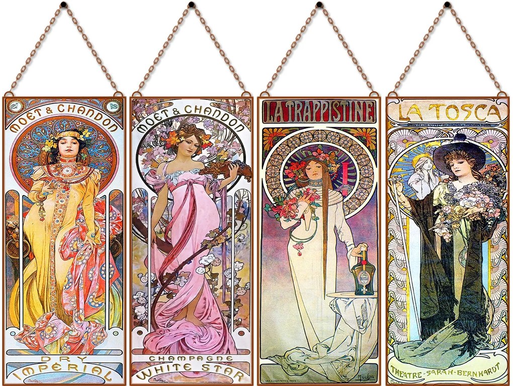 Alfons Mucha - Vintage Ladies (Garnitúra) üvegkép, falikép