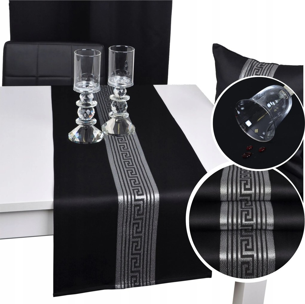 Asztalterítő Rodos Lux 40x220 Fekete Ezüst Foltálló Dekoratív Öv