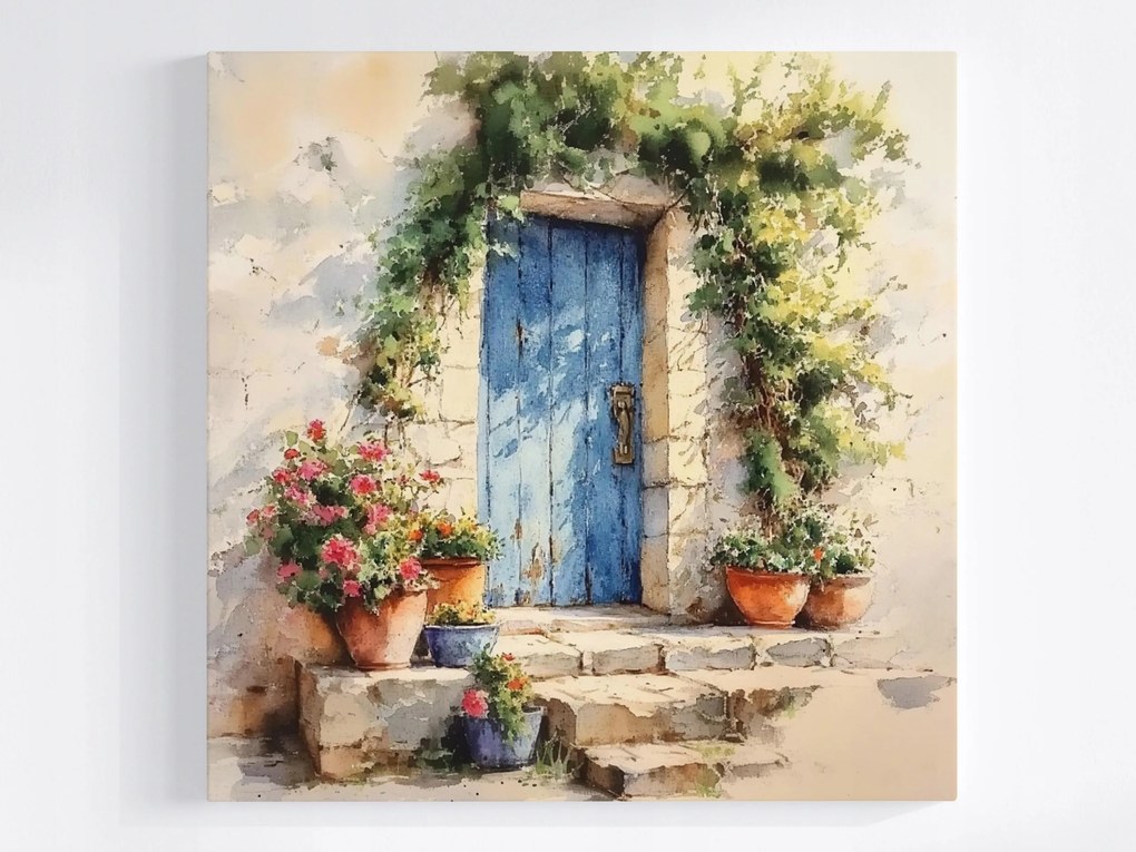 Vászonkép Canvas Tájkép Fal Kék Ajtó Virágok 40x40