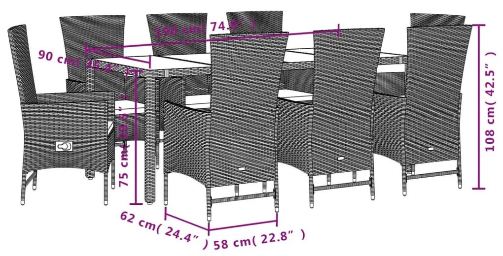 9 részes bézs polyrattan kerti étkezőgarnitúra párnákkal