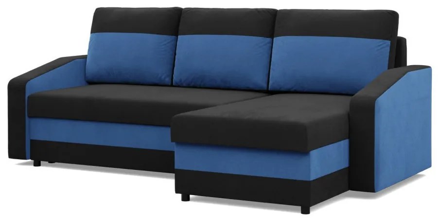 Hewlet sarokkanapé, 2 ágyneműtartóval, szövet anyag, univerzális oldal, bonell töltet, fekete - kék