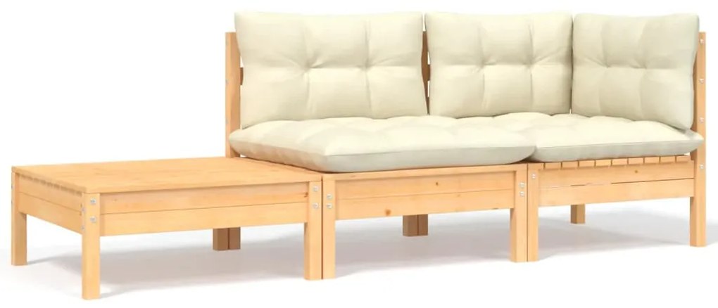 3 részes tömör fenyőfa kerti ülőgarnitúra krémszínű párnákkal