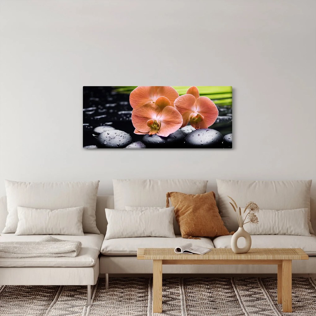 Kép - Narancssárga orchidea pálmalevelekkel (120x50 cm)
