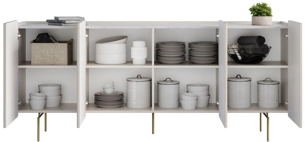 Malmi négyajtós komód 200 cm - kasmír / crema bianca / arany lábak