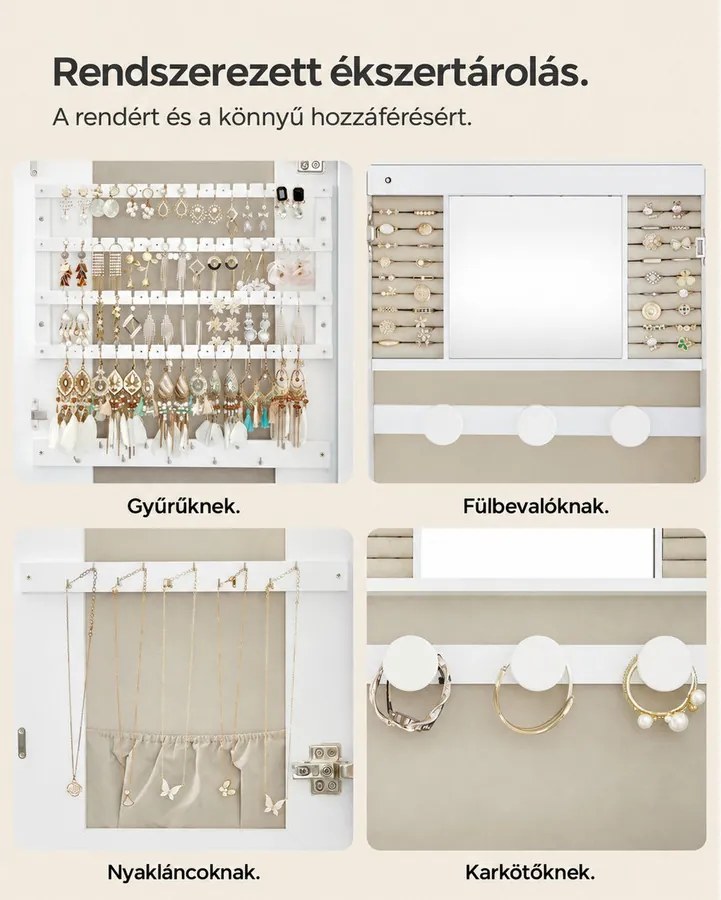 LED-es tükör ékszertárolóval 10×42×108 cm, fehér