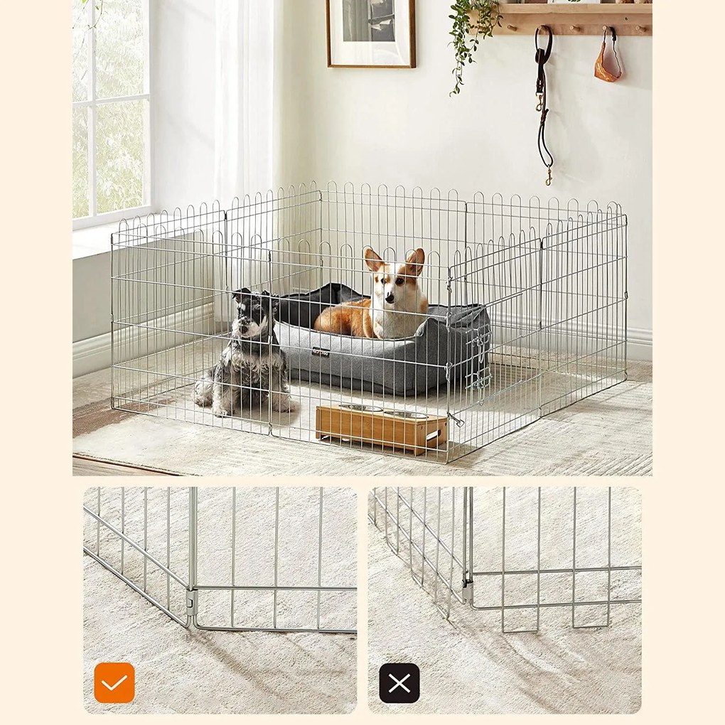 Kutya kennel, kutyaketrec, 61 cm magas, összecsukható kifutó 8 paneles, ezüst | VASHOME