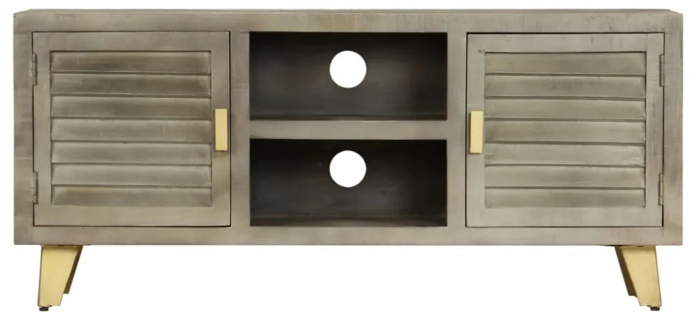 szürke tömör mangófa TV-szekrény sárgarézzel 110x30x48 cm