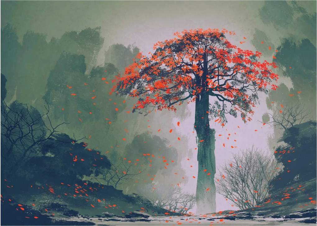 Egy magányos vörös fa képe (üvegen) (70x50 cm)