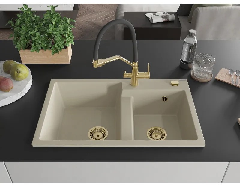 Mexen Tomas, 2 kamrás gránit mosogató 800x500x190 mm és konyhai csaptelep Duo, bézs, 6516-69-671701-57-G