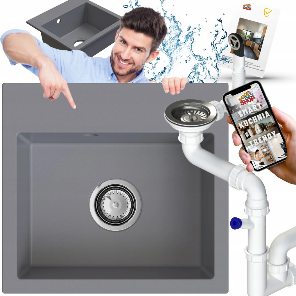 Gránit Mosogató Egykamrás 1 Kom Csepegtető Nélkül Szürke Szifon 6in1