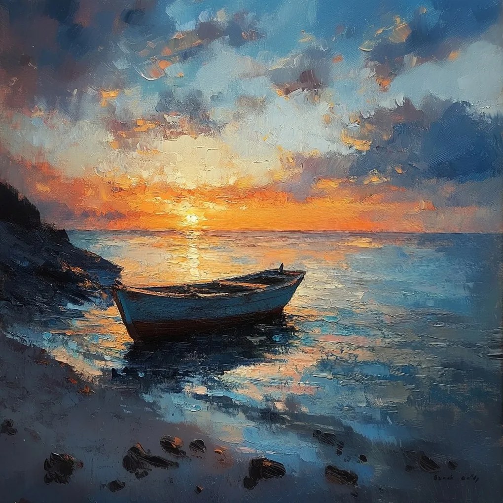 Vászonkép Canvas Tájkép Tenger Tengerpart Hajó Napnyugta 80x80