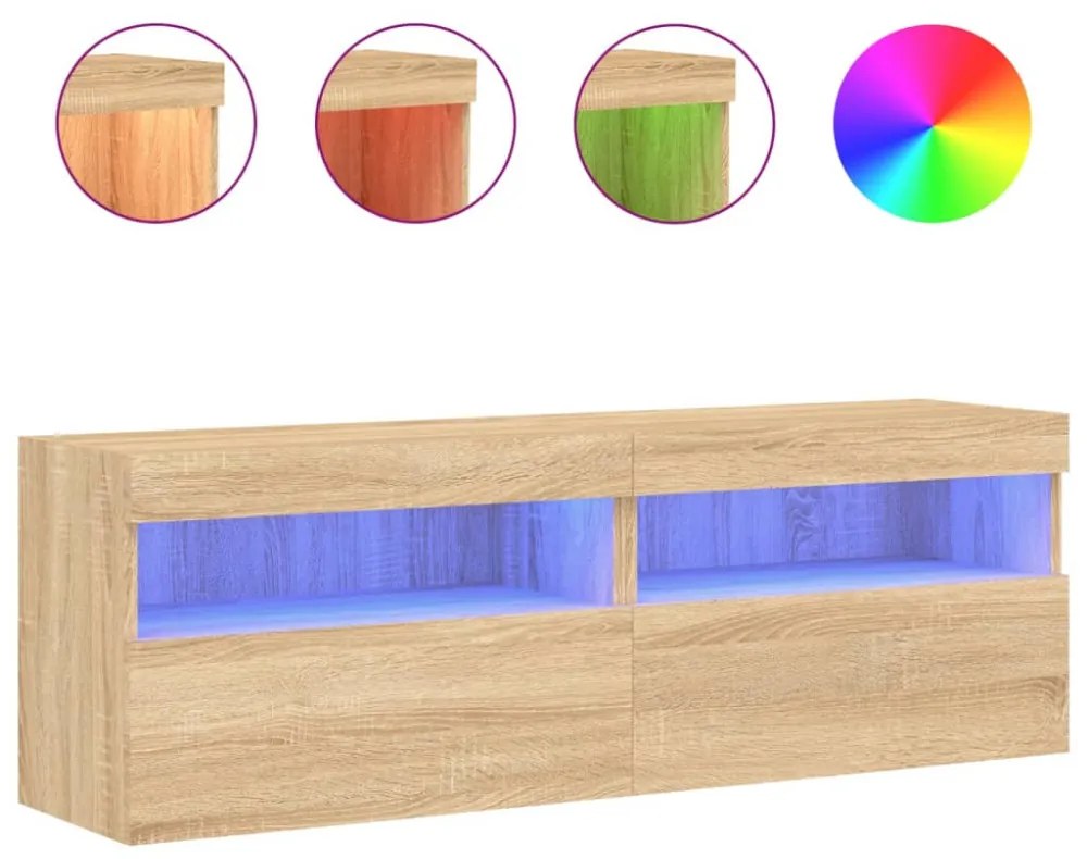 2 db sonoma tölgy színű fali TV-szekrény LED-del 60x30x40 cm