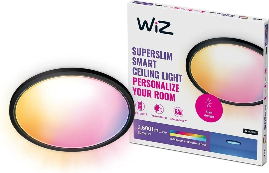 WiZ SuperSlim Led mennyezeti lámpa 22W 2600lm 2700-6500K Rgb IP20 42cm, fekete