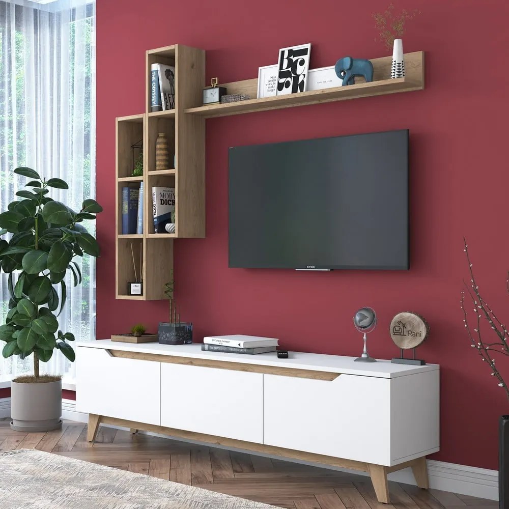 Fehér-natúr színű nappali bútor szett diófa dekorral 180x49 cm Linh – Kalune Design