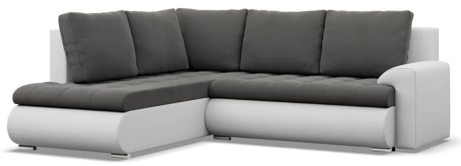 Tokio sarokkanapé, L alakú háttámlával, 2 ágyneműtartóval, bársony + műbőr, baloldali, szürke - fehér