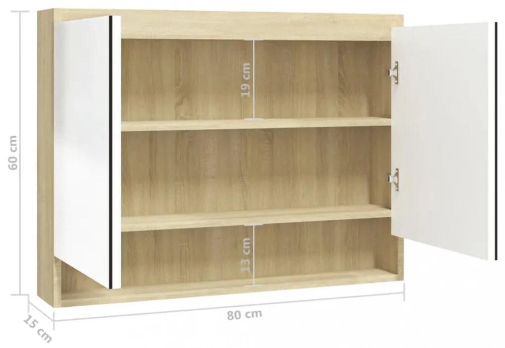 fényes és tölgy MDF tükrös fürdőszobaszekrény 80 x 15 x 60 cm