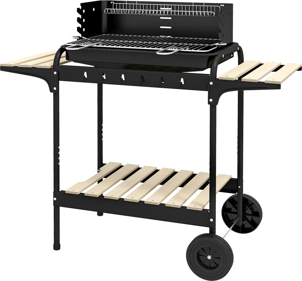 Outsunny Fém Faszenes BBQ Füstölő Grill Kerekekkel, Állítható Magasságú Grill Rács, Fa Polc, Hordozható Grill Kocsi, BBQ Virtuális Szabadtéri Főzéshez