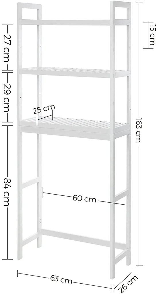 WC-polc, 3 szintes bambusz fürdőszobai polc,, 63 x 163 x 26 cm, fehér