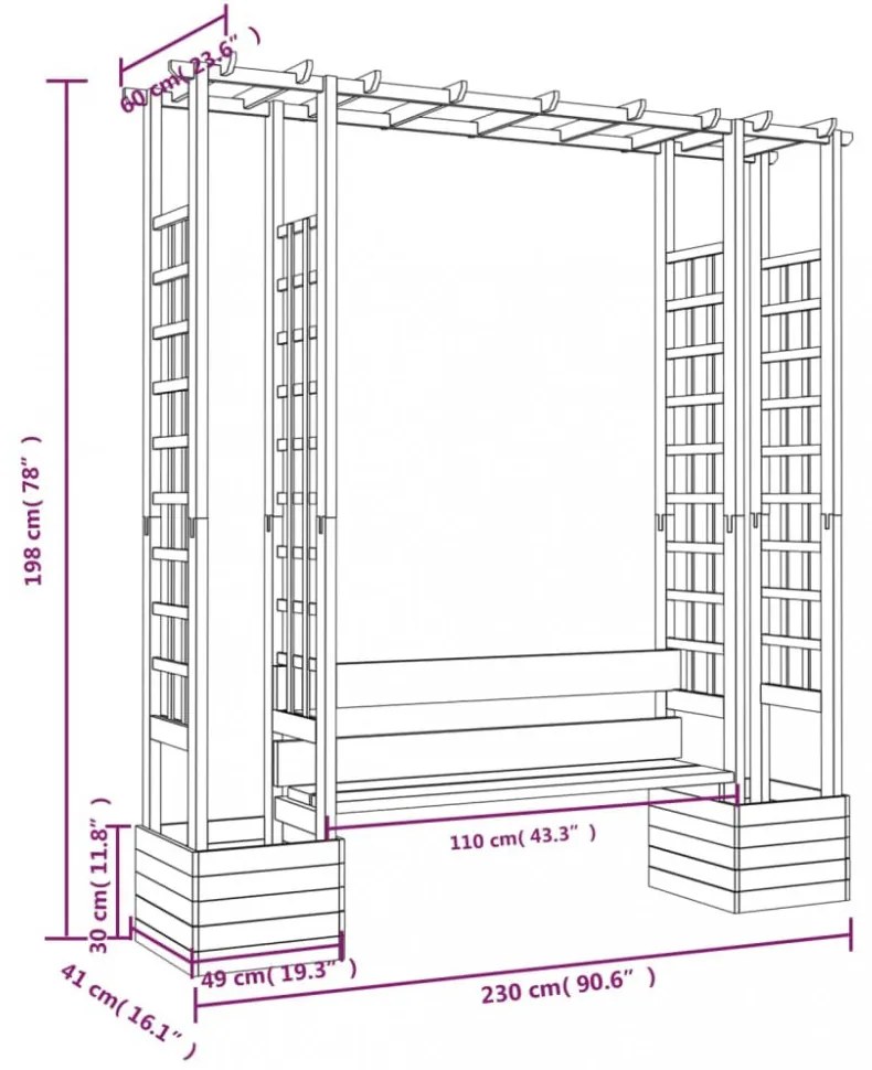 tömör impregnált fenyőfa kerti pergola paddal és virágtartókkal