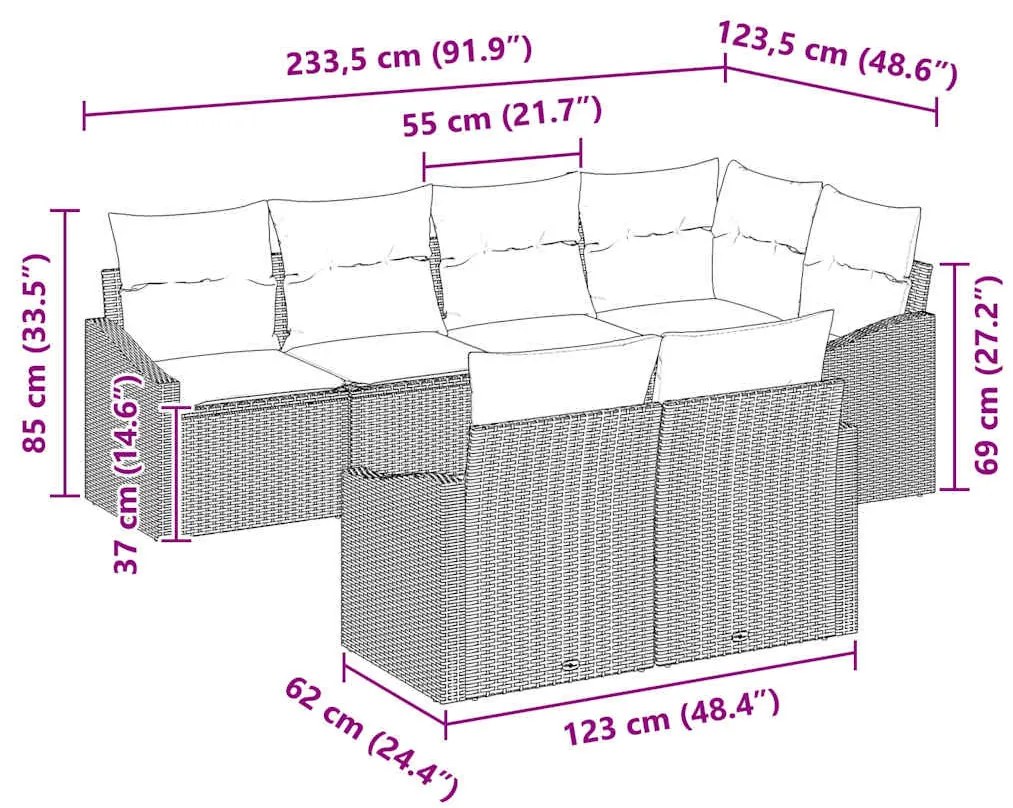 Kanapé Szett párnával 7 pcs Fekete polirattan
