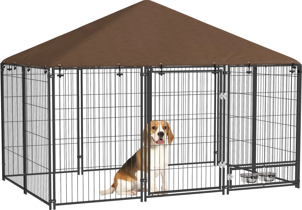 PawHut Fém Kültéri Kutyakerítés Napellenzővel és Forgó Etetőtálakkal 2 Tál a Teraszra 211x141x151 cm Fekete | Aosom