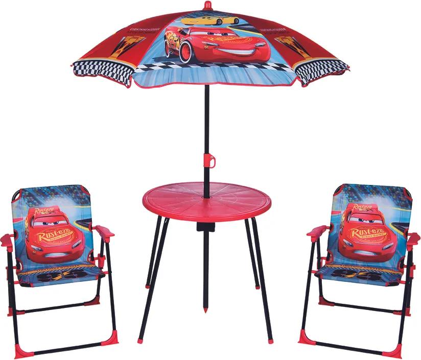 Gyerek kerti bútor szett - Verdák - kék-piros asztal + 2 szék + esernyő