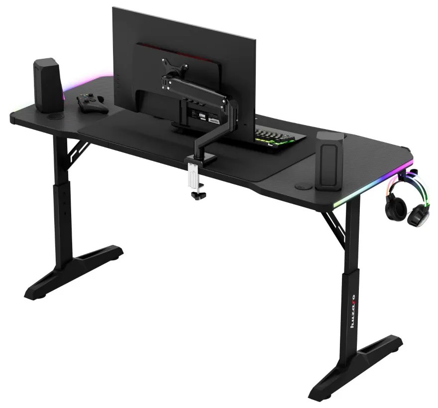 Gamer asztal, elektromos íróasztal Hero RGB fekete carbon 140 x 60 cm