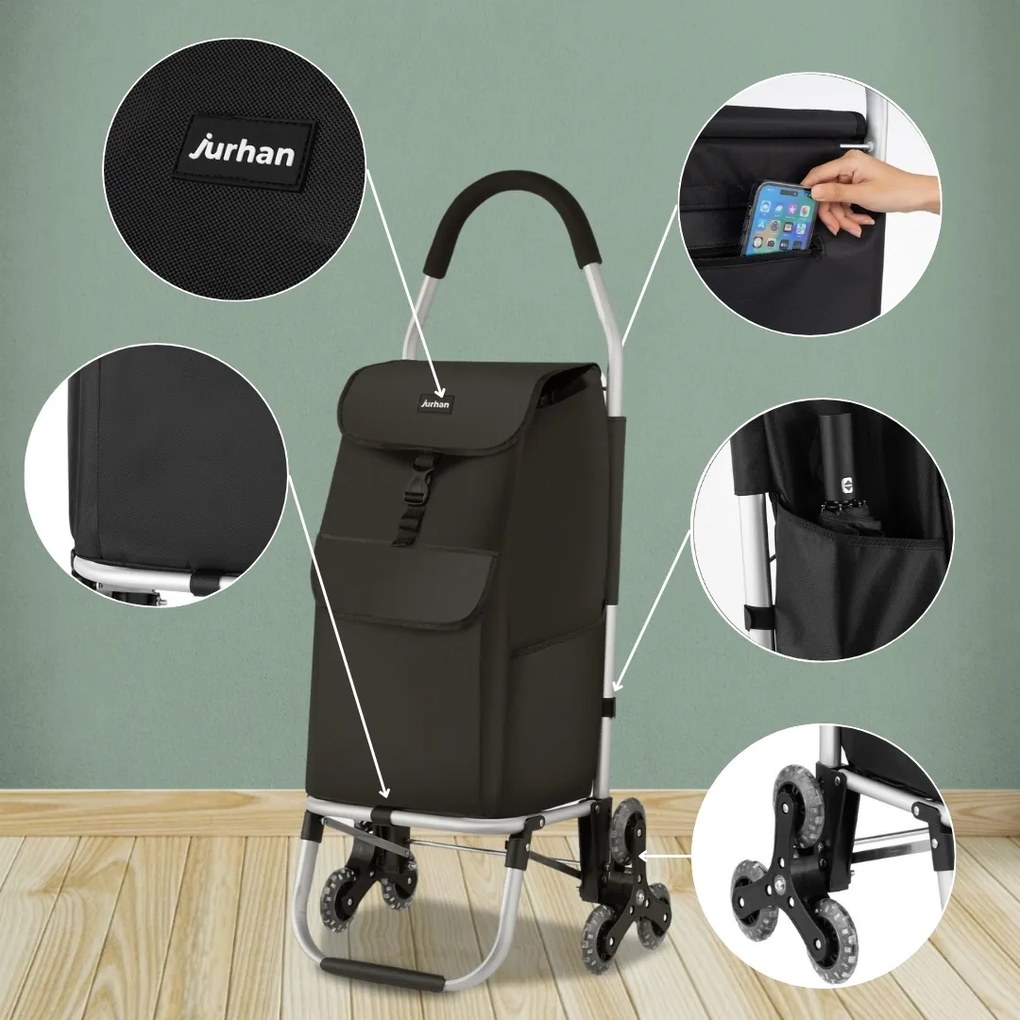 Jurhan Shopper bevásárlótáska, kerekeken, lépcsőhöz 45L, 101x45x39 cm, fekete