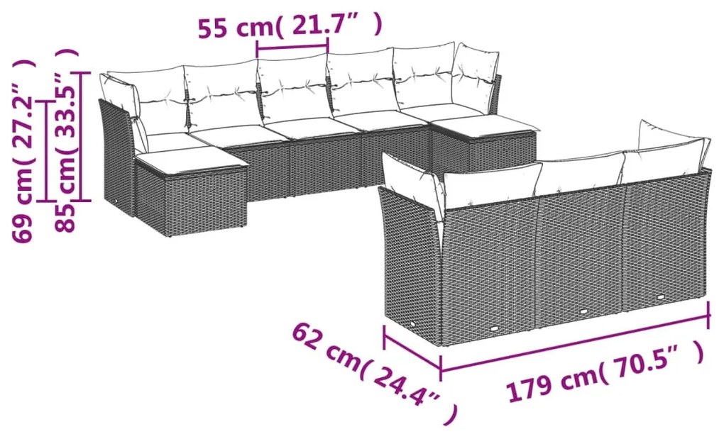 10 részes világosszürke polyrattan kerti ülőgarnitúra párnákkal