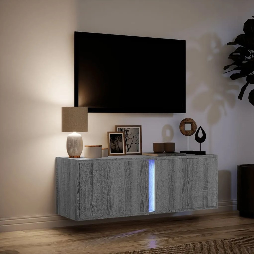 szürke sonoma színű fali TV-szekrény LED-ekkel 100 x 31 x 35 cm