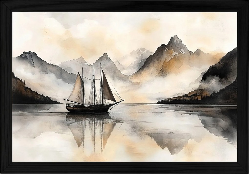 Poszter Keret Fa Ázsia Tájkép Hegyek Tenger Hajó Kína Japandi 60x40