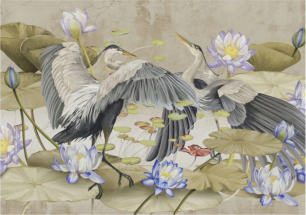 Flizelin tapéta Divatos 3D fali ragasztó Madarak és liliomok 208x146 ragasztó