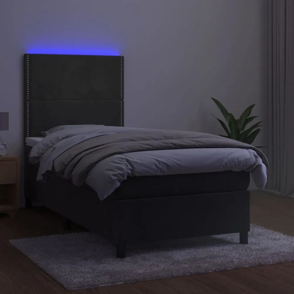 sötétszürke bársony rugós és LED-es ágy matraccal 90x190 cm