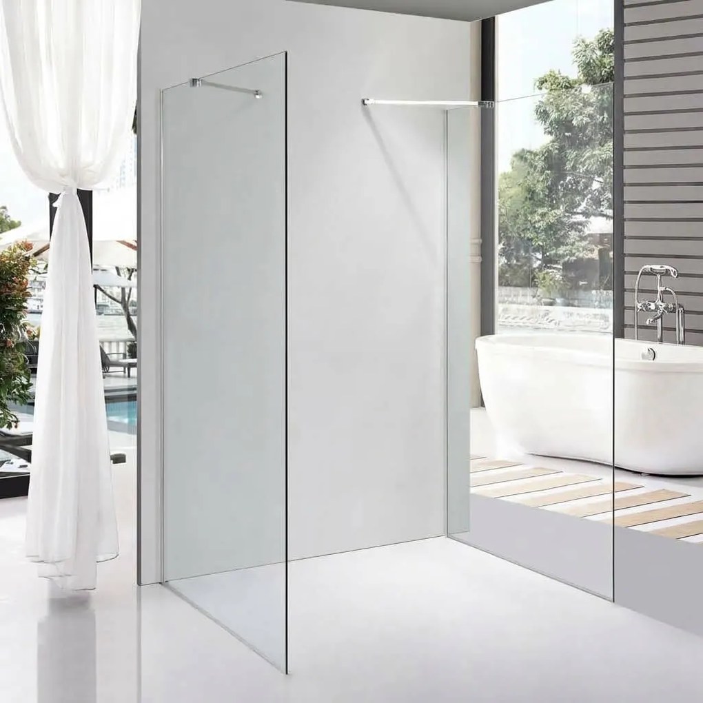 Stuxi Milano Gate falsíkra szerelhető, két oldalfalas walk-in zuhanyfal, 70x90 cm, 8 mm vastag vízlepergető biztonsági üveggel, helytakarékos sarokmerevítőkkel
