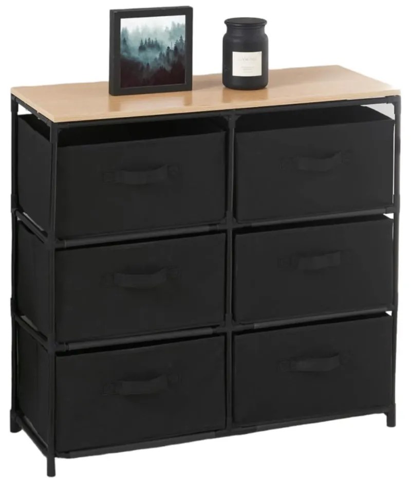 KÉSZLETKISÖPRÉS! Intenso Home komód 6db szövet fiókkal 76x68cm | Fekete - arany tölgy vászonfiókos tároló