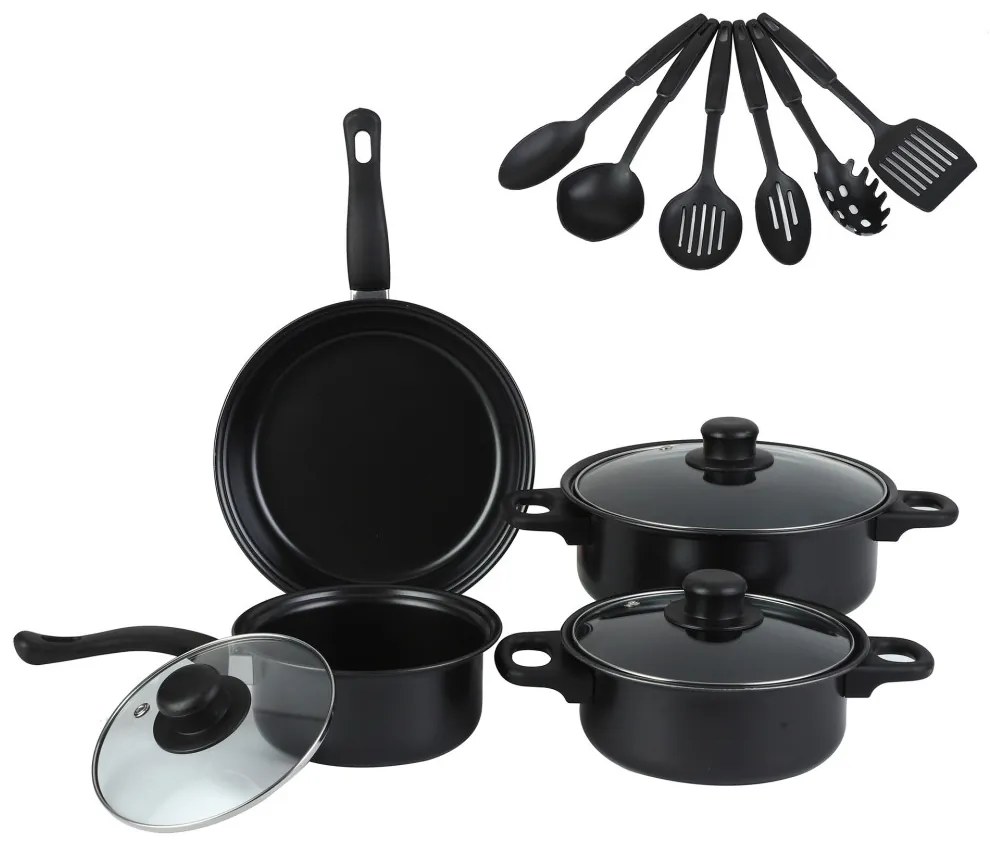 13 részes tapadásmentes edénykészlet konyhai eszközökkel fekete G23