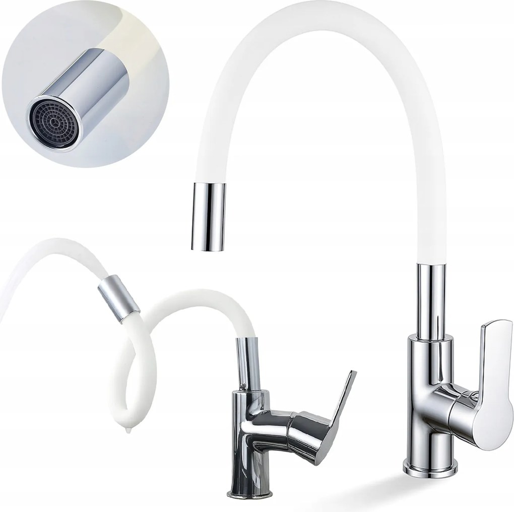 Konyhai Csaptelep Álló Króm Fehér Hajlékony Kifolyócső Forgó Konyhai Csaptelep