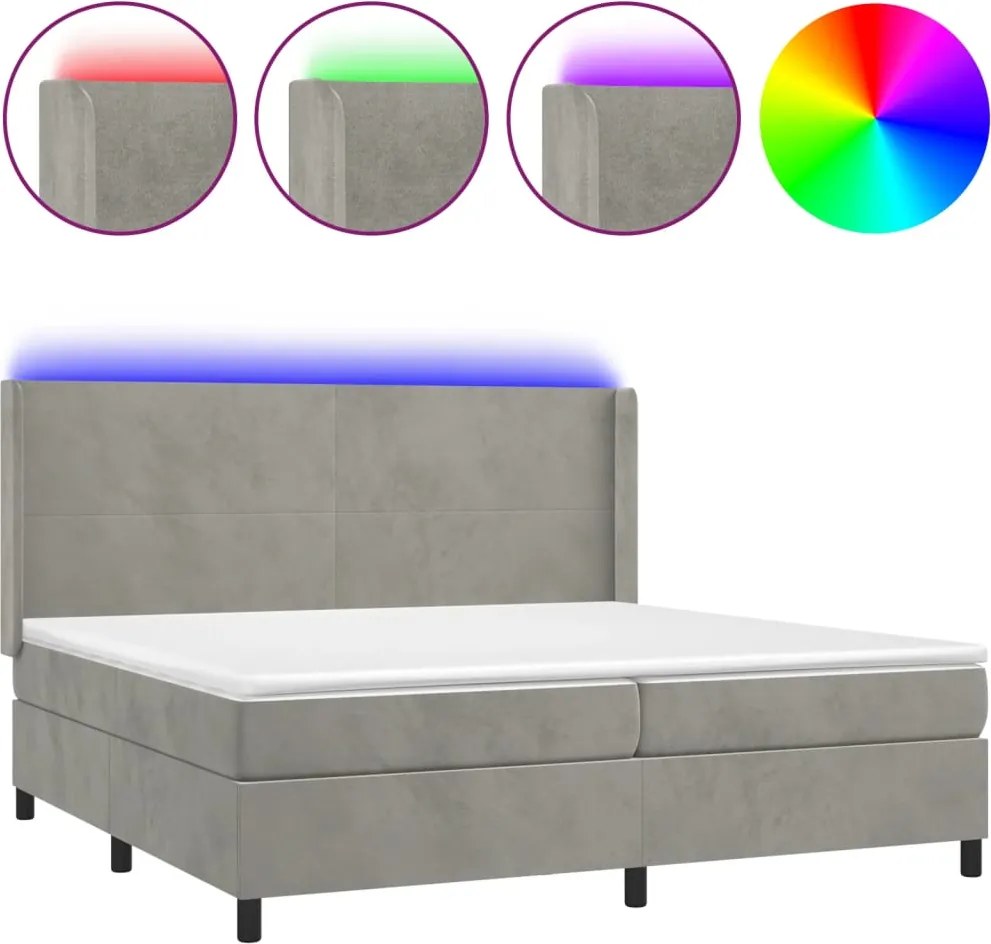 vidaXL világosszürke bársony rugós és LED-es ágy matraccal 200x200 cm