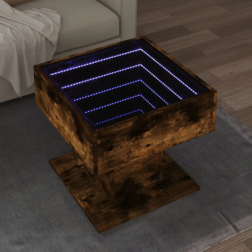 Füstös tölgy szerelt fa dohányzóasztal LED-del 50 x 50 x 45 cm