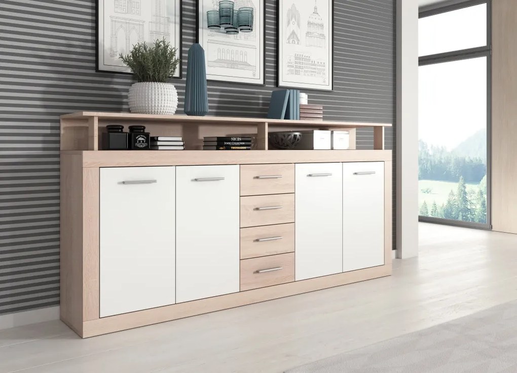 XXL/ COMODĂ LUNA 4D4S DĄB SONOMA/BIAŁY 3W