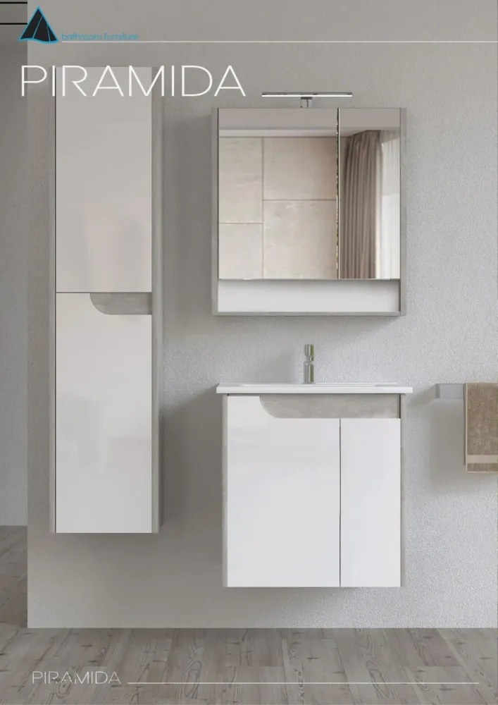 Piramida AKVA Tükrös fürdőszobai szekrény - 2 ajtós kivitel - LED világítással - FEHÉR-SZÜRKE - 65 x 69 x 15 cm