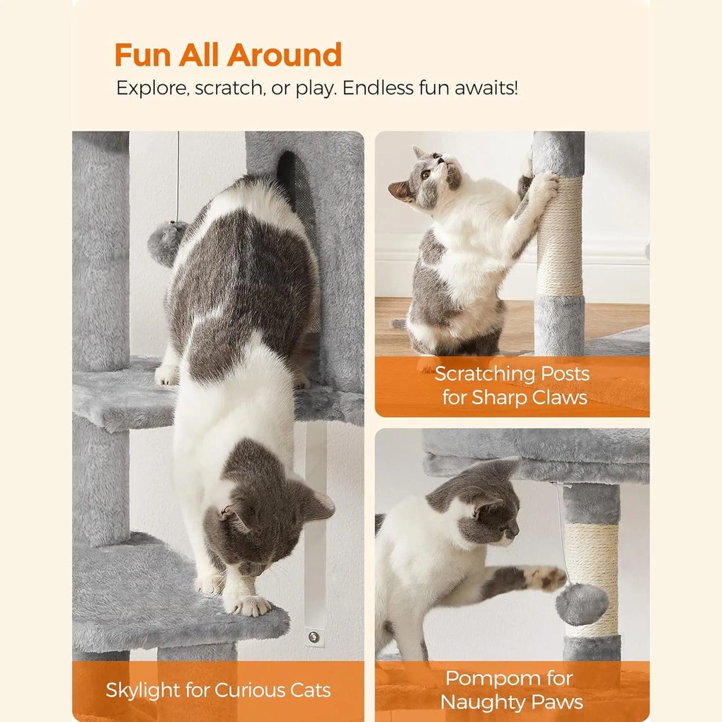 Macska kaparófa, többszintes macskatorony, 55x45x143cm, világosszürke