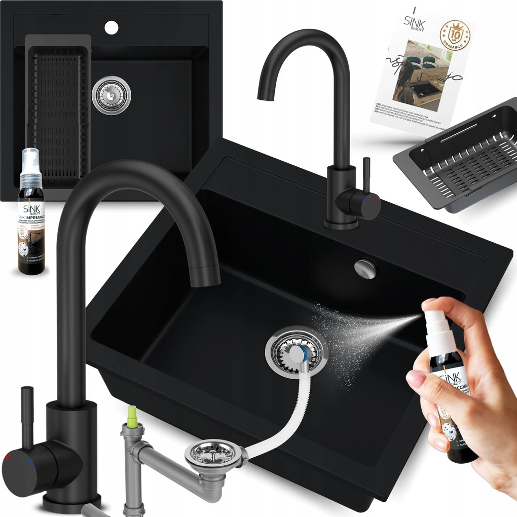 Gránit Mosogató Egykamrás 60 cm fekete 9in1 Csapteleppel