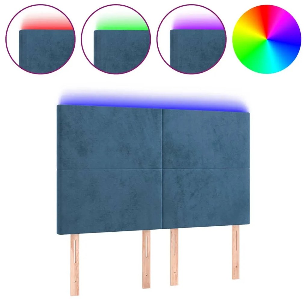 sötétkék bársony LED-es fejtámla 144x5x118/128 cm